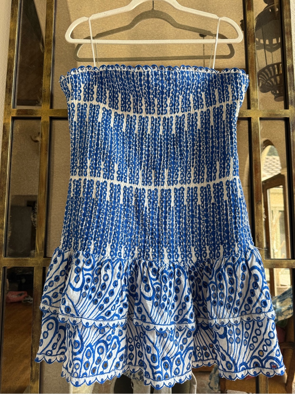 Aqua Blue and White Smocked Mini Dress